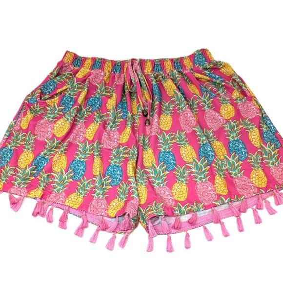 Simply Southern Pink Pineapple Shorts L/XL Fringe Tassel Pull On Tropical - Picture 5 of 16